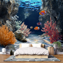 Load image into Gallery viewer, 3D Coral Reef Cave Wallpaper For Beach House Bedroom | Underwater Ocean Fish Mural | Tropical Nautical Wall Art | Stylish Coastal Decor