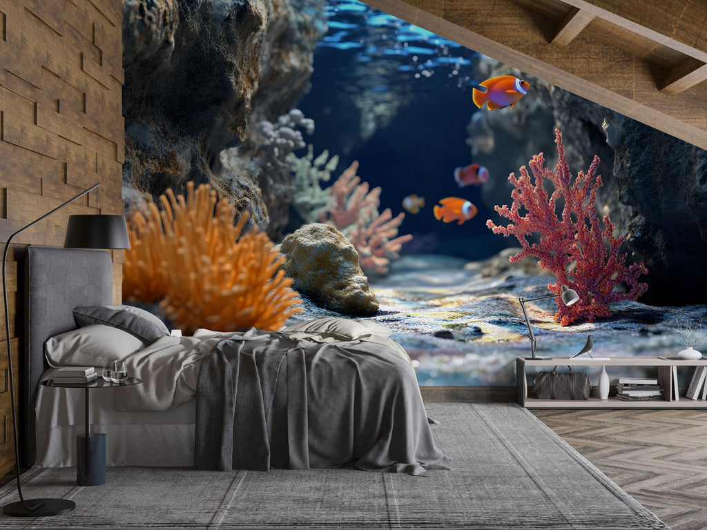 3D Coral Reef Cave Wallpaper For Beach House Bedroom | Underwater Ocean Fish Mural | Tropical Nautical Wall Art | Stylish Coastal Decor