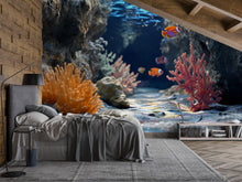 Load image into Gallery viewer, 3D Coral Reef Cave Wallpaper For Beach House Bedroom | Underwater Ocean Fish Mural | Tropical Nautical Wall Art | Stylish Coastal Decor