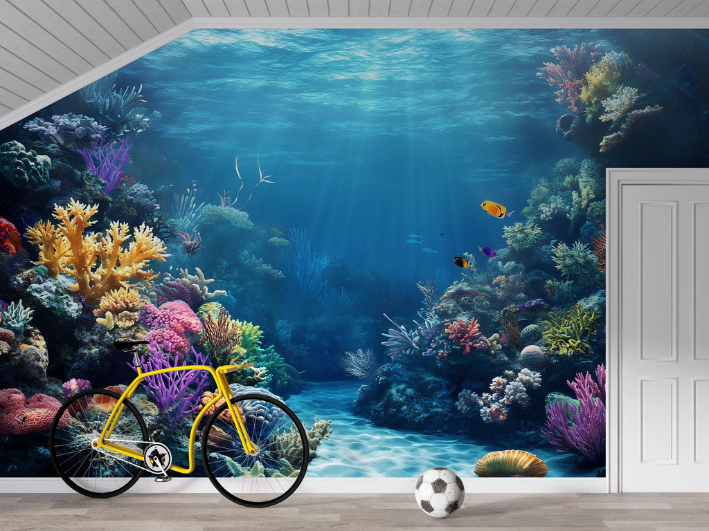 3D Coral Reef Ocean Path Wallpaper | Underwater Sea Mural For Beach House | Coastal Tropical Wall Art For Living Room | Nautical Decor