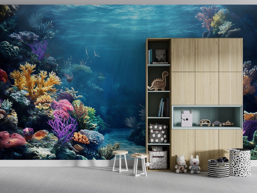 3D Coral Reef Ocean Path Wallpaper | Underwater Sea Mural For Beach House | Coastal Tropical Wall Art For Living Room | Nautical Decor