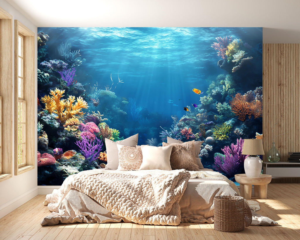 3D Coral Reef Ocean Path Wallpaper | Underwater Sea Mural For Beach House | Coastal Tropical Wall Art For Living Room | Nautical Decor