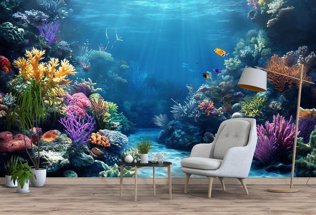 3D Coral Reef Ocean Path Wallpaper | Underwater Sea Mural For Beach House | Coastal Tropical Wall Art For Living Room | Nautical Decor