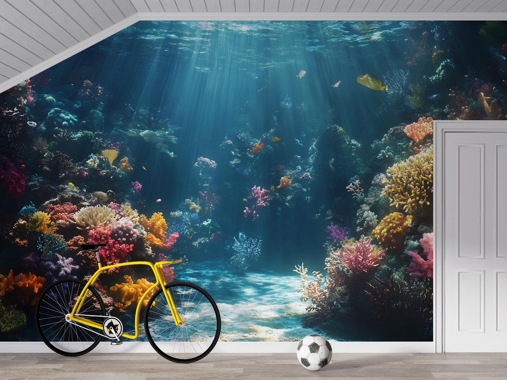 3D Sunlit Coral Reef Floor Wallpaper | Ocean Underwater Wall Mural For Beach House Decor | Coastal Nautical Wall Art | Tropical Sea