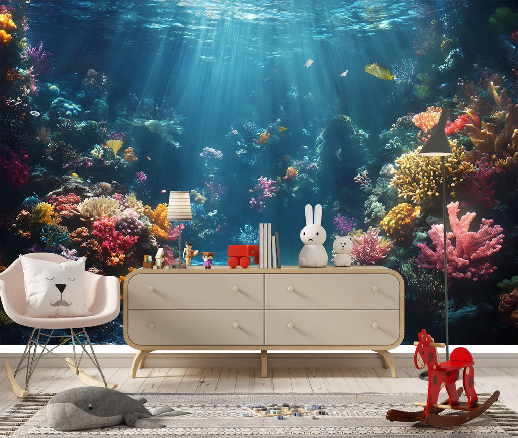 3D Sunlit Coral Reef Floor Wallpaper | Ocean Underwater Wall Mural For Beach House Decor | Coastal Nautical Wall Art | Tropical Sea