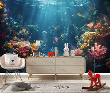 Load image into Gallery viewer, 3D Sunlit Coral Reef Floor Wallpaper | Ocean Underwater Wall Mural For Beach House Decor | Coastal Nautical Wall Art | Tropical Sea