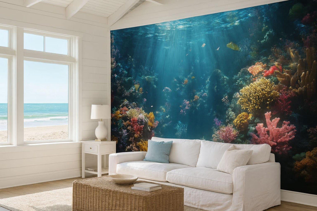 3D Sunlit Coral Reef Floor Wallpaper | Ocean Underwater Wall Mural For Beach House Decor | Coastal Nautical Wall Art | Tropical Sea