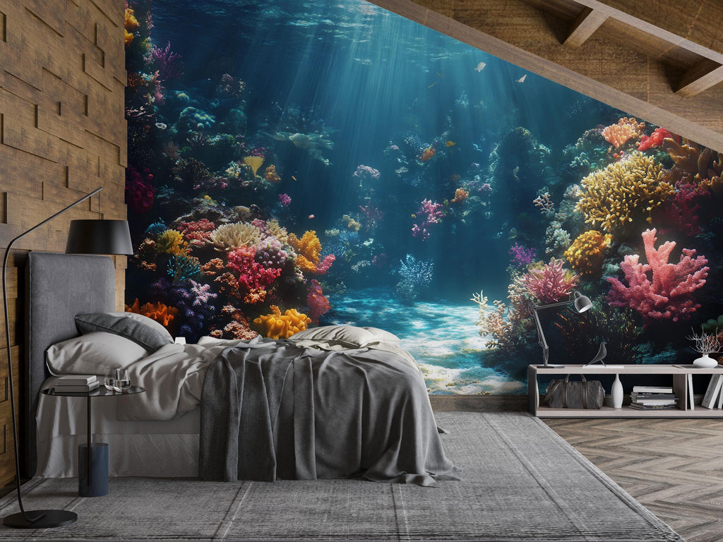 3D Sunlit Coral Reef Floor Wallpaper | Ocean Underwater Wall Mural For Beach House Decor | Coastal Nautical Wall Art | Tropical Sea