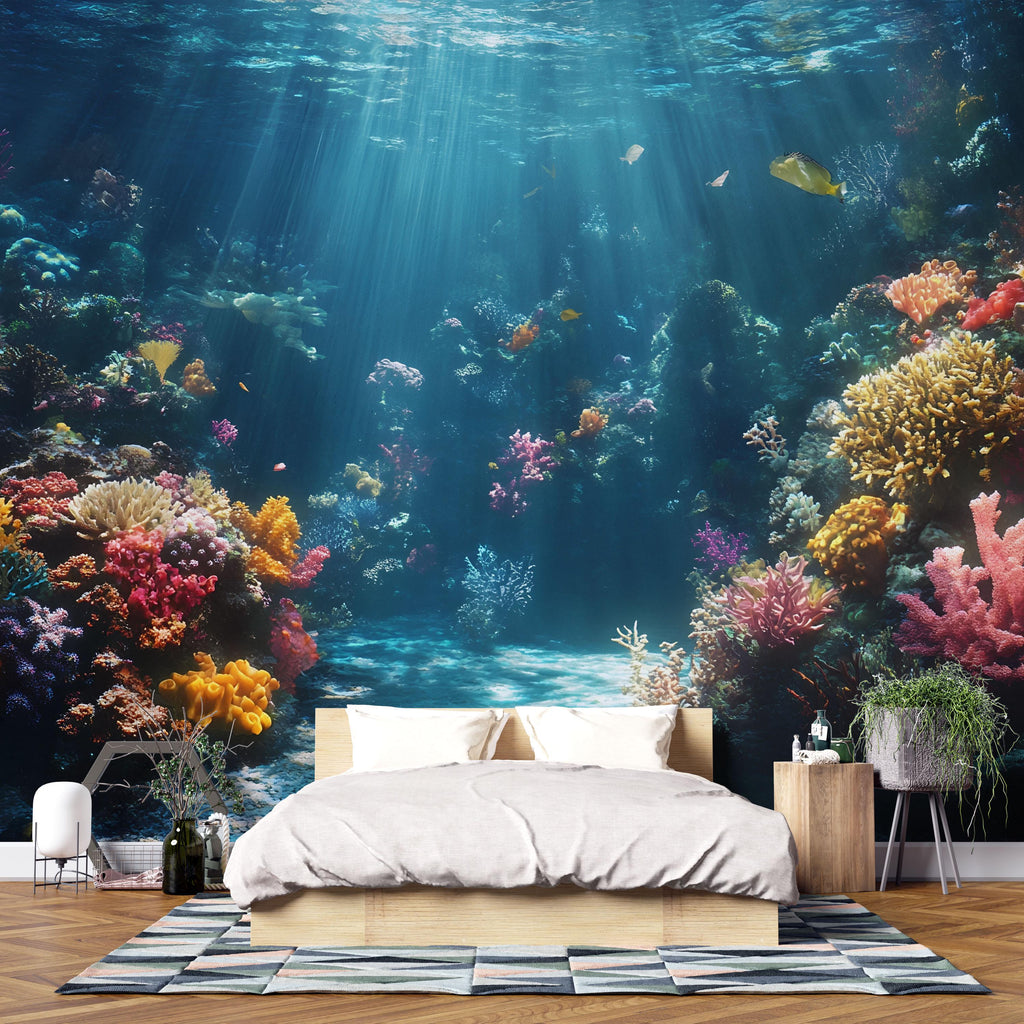 3D Sunlit Coral Reef Floor Wallpaper | Ocean Underwater Wall Mural For Beach House Decor | Coastal Nautical Wall Art | Tropical Sea