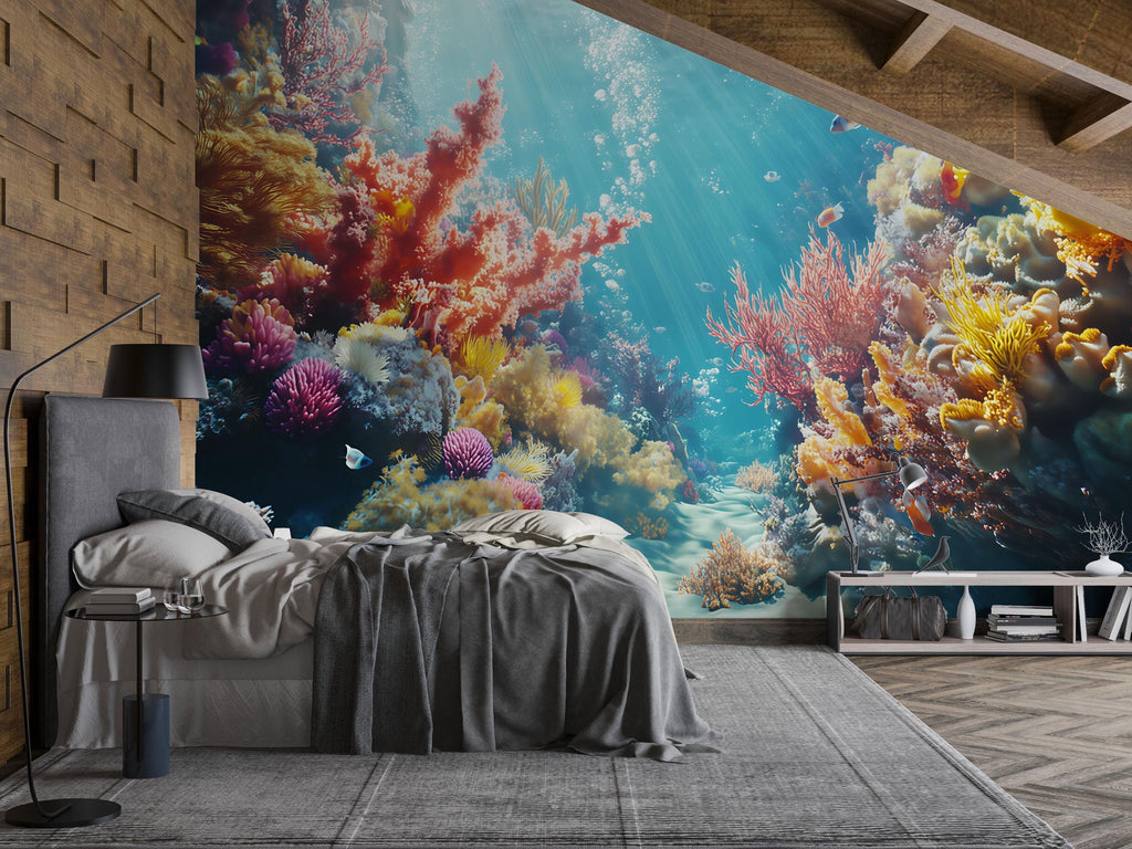 3D Colorful Coral Reef Ocean Wallpaper | Underwater Wall Mural For Beach House Decor | Vibrant Coastal Nautical Room Wall Art