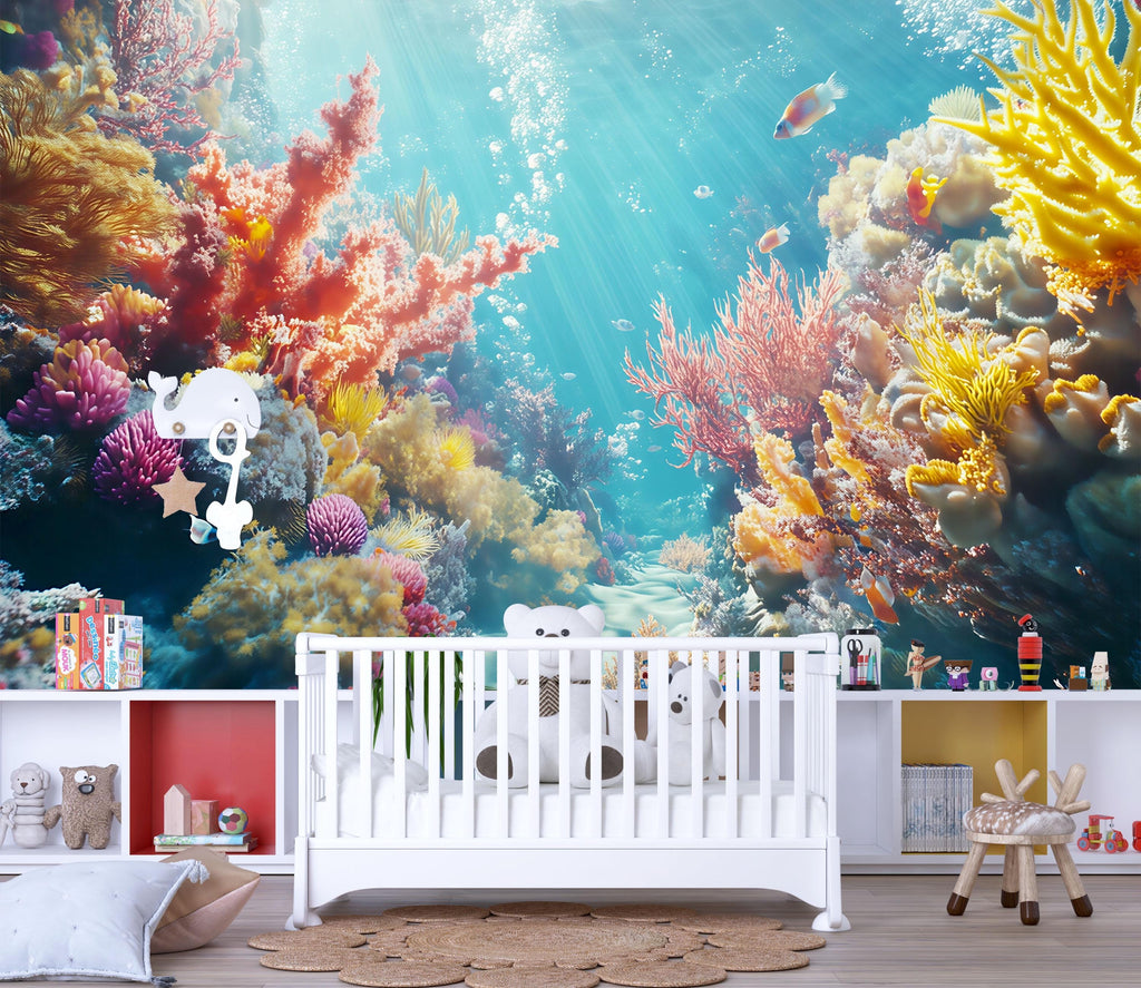 3D Colorful Coral Reef Ocean Wallpaper | Underwater Wall Mural For Beach House Decor | Vibrant Coastal Nautical Room Wall Art