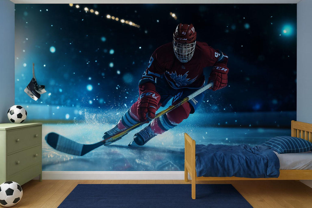 Hockey Player 3D Wallpaper Mural | Modern Sports Wall Decor for Bedroom, Kids Room, Game Room | Bold Ice Hockey Wall Art Gift for Athletes