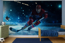 Load image into Gallery viewer, Hockey Player 3D Wallpaper Mural | Modern Sports Wall Decor for Bedroom, Kids Room, Game Room | Bold Ice Hockey Wall Art Gift for Athletes