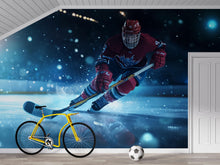 Load image into Gallery viewer, Hockey Player 3D Wallpaper Mural | Modern Sports Wall Decor for Bedroom, Kids Room, Game Room | Bold Ice Hockey Wall Art Gift for Athletes