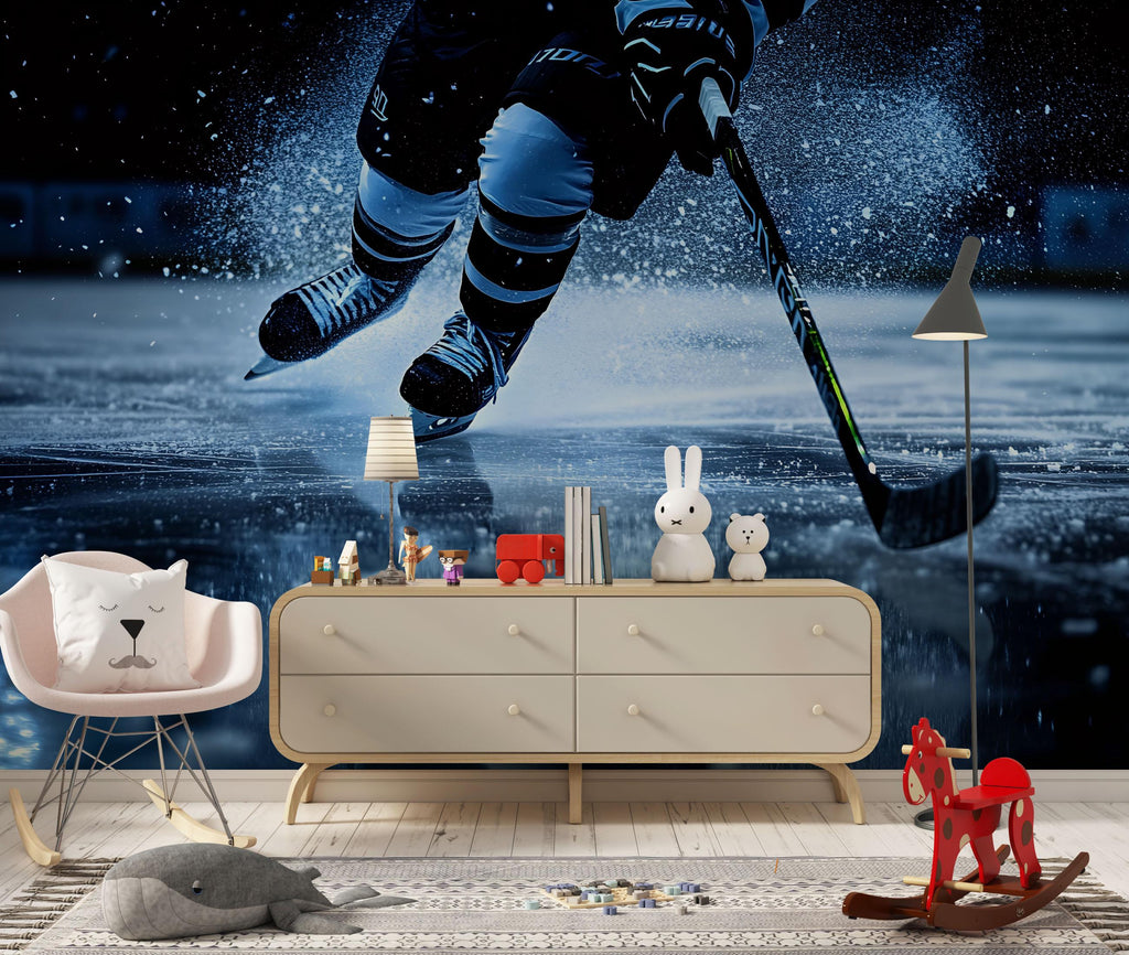 Hockey Wall Mural 3D Wallpaper | Ice Hockey Player Wall Art | Boys Room Sports Decor | Modern Bold Wall Decoration | Gift For Athletes