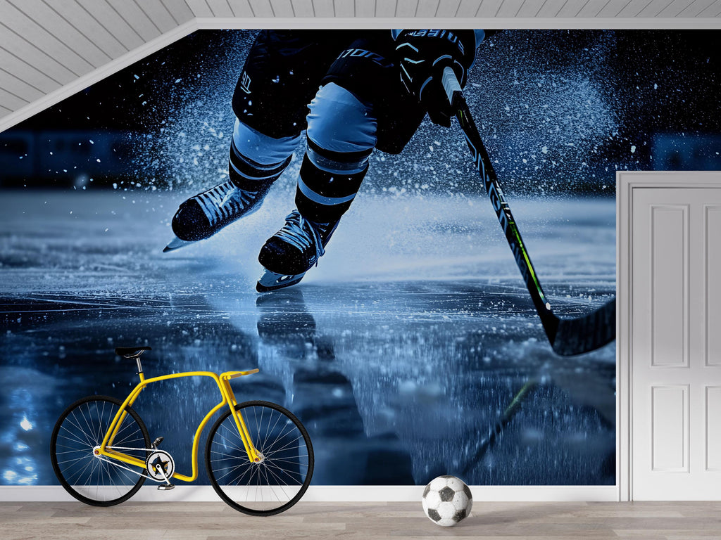Hockey Wall Mural 3D Wallpaper | Ice Hockey Player Wall Art | Boys Room Sports Decor | Modern Bold Wall Decoration | Gift For Athletes