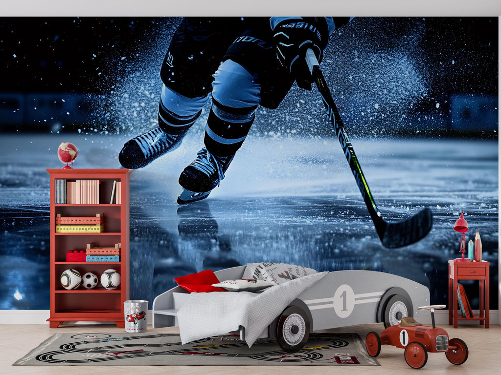 Hockey Wall Mural 3D Wallpaper | Ice Hockey Player Wall Art | Boys Room Sports Decor | Modern Bold Wall Decoration | Gift For Athletes
