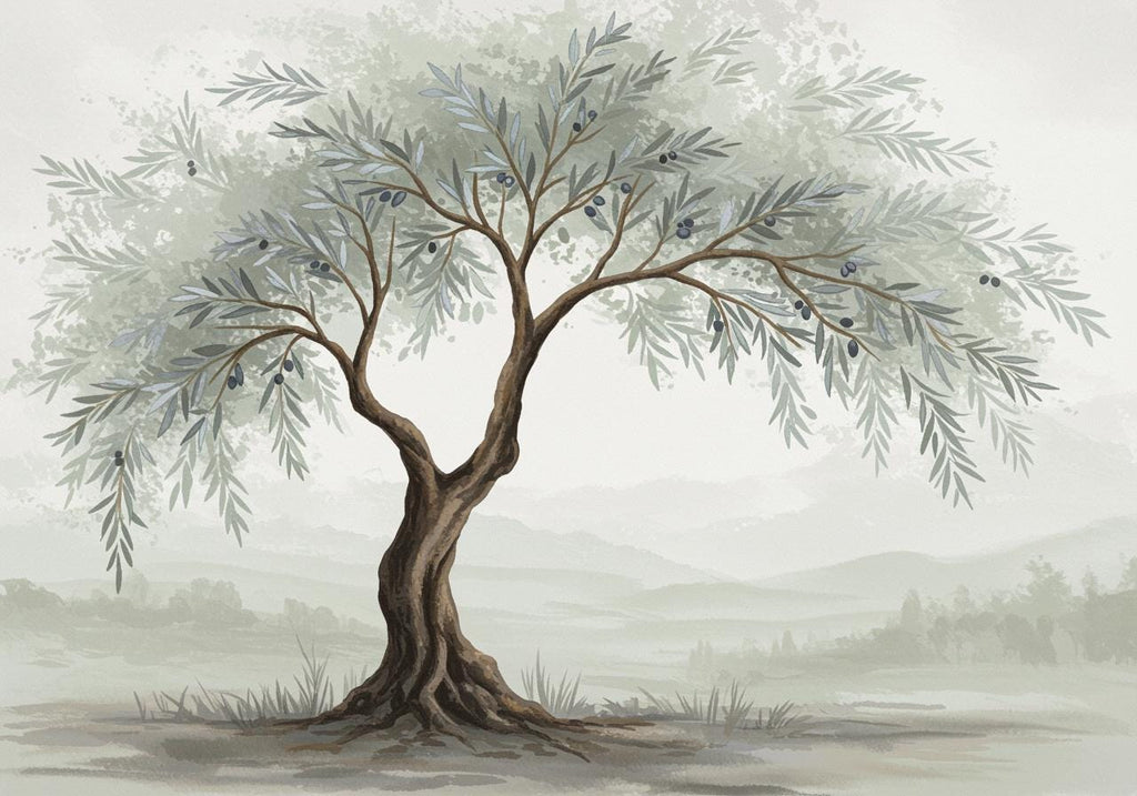 Watercolor Olive Tree Mural Wallpaper – Elegant Hand-Painted Botanical Wall Art, Tranquil Nature-Inspired Wall Décor for Bedroom Spa 824RS