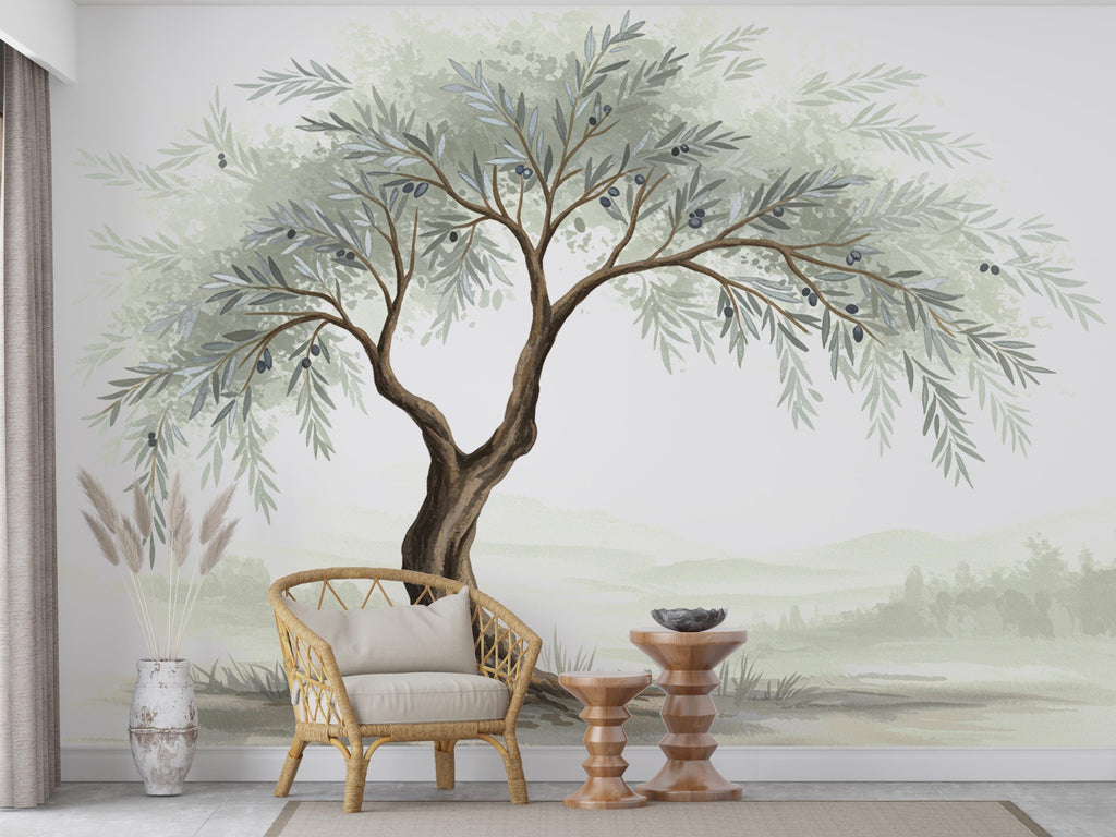Watercolor Olive Tree Mural Wallpaper – Elegant Hand-Painted Botanical Wall Art, Tranquil Nature-Inspired Wall Décor for Bedroom Spa 824RS