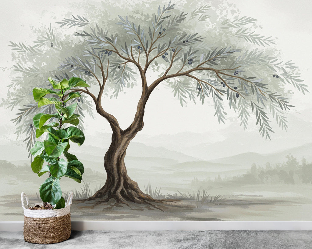 Watercolor Olive Tree Mural Wallpaper – Elegant Hand-Painted Botanical Wall Art, Tranquil Nature-Inspired Wall Décor for Bedroom Spa 824RS