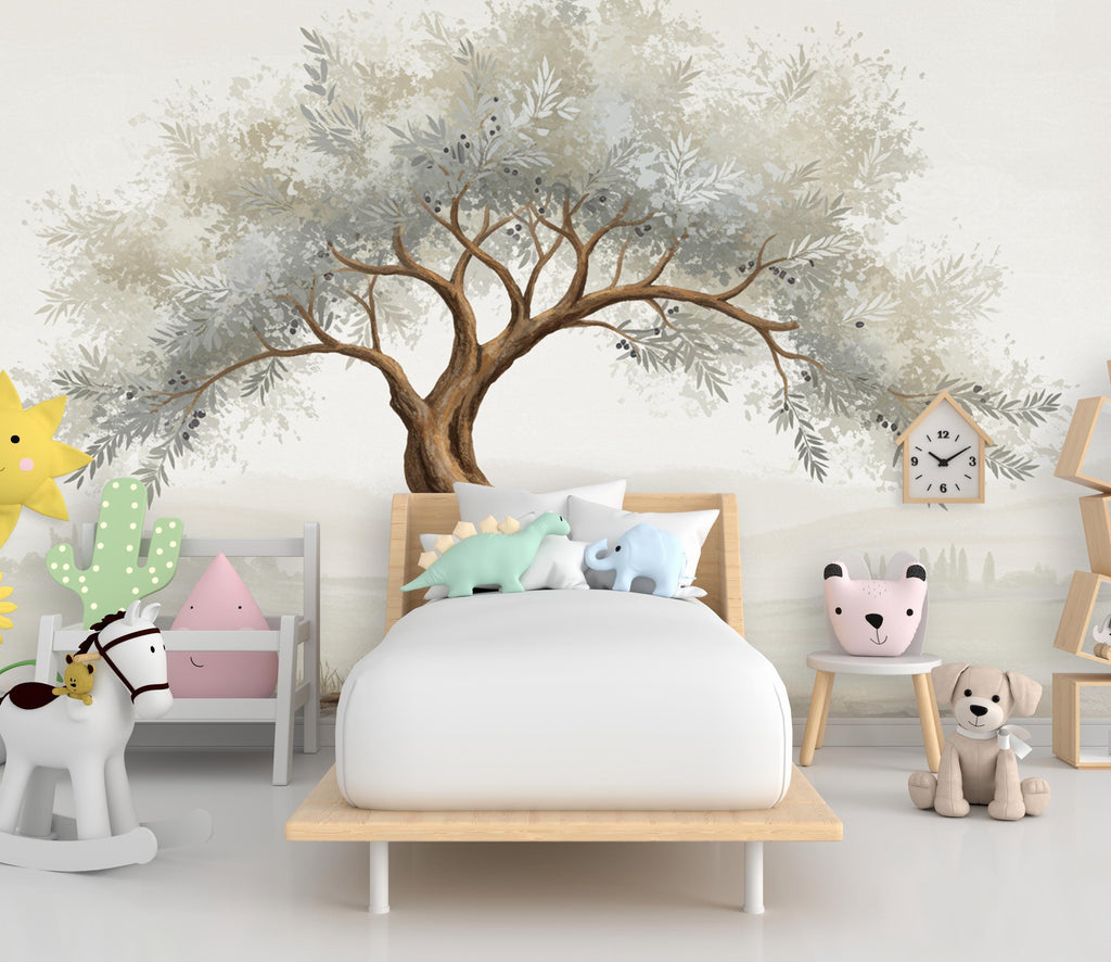 Watercolor Olive Tree Mural Wallpaper – Elegant Hand-Painted Botanical Wall Art, Tranquil Nature-Inspired Wall Décor for Bedroom Spa 825RS