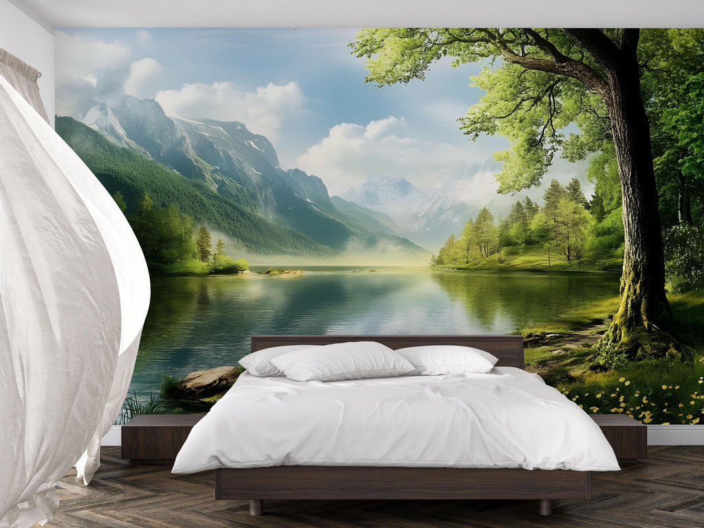 3D Lake And Mountain Forest Wallpaper | Scenic Nature Wall Mural For Cabin Or Rustic Living Room | Tranquil Landscape Art | Woodland Retreat