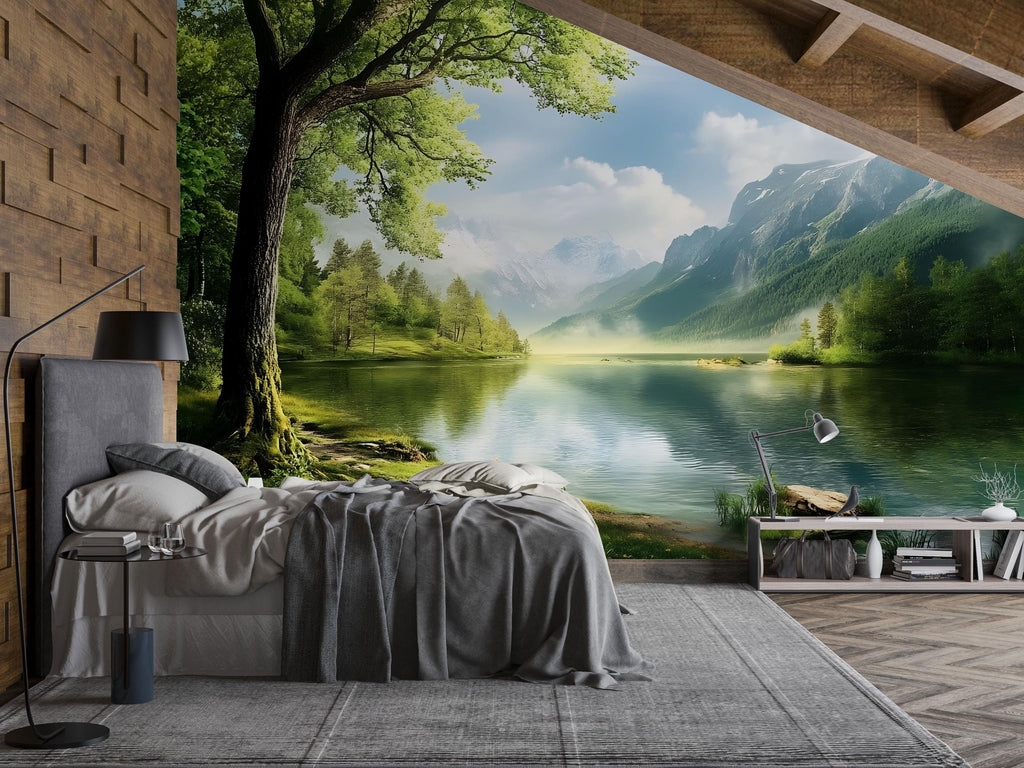 3D Lake And Mountain Forest Wallpaper | Scenic Nature Wall Mural For Cabin Or Rustic Living Room | Tranquil Landscape Art | Woodland Retreat