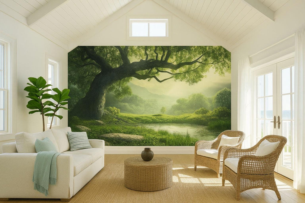 3D Enchanted Tree Forest Wallpaper | Lush Green Meadow Landscape Mural For Nature Inspired Decor | Serene Peaceful Room Wall Art