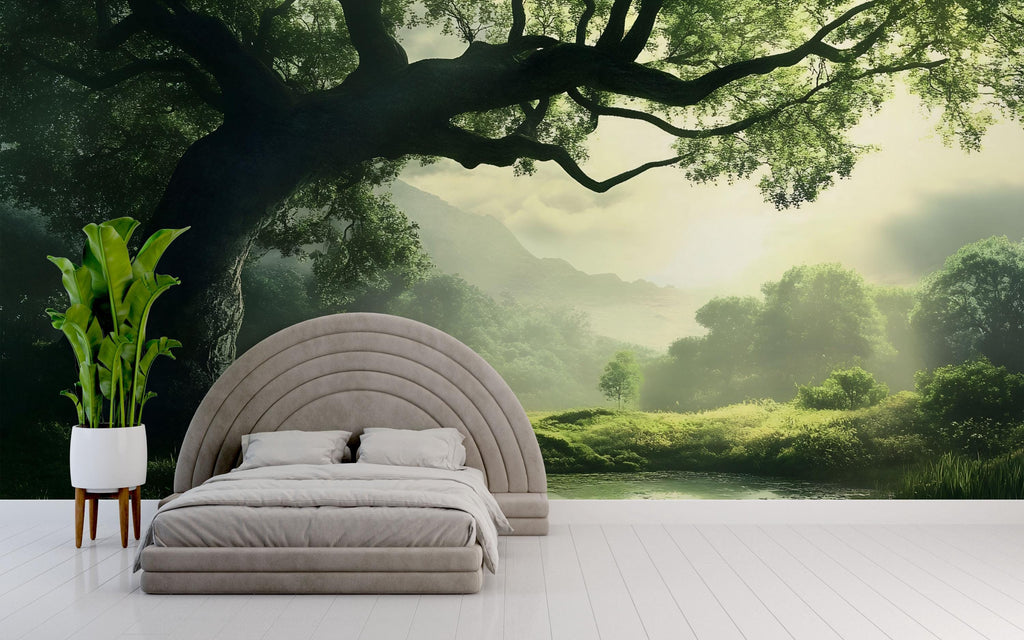 3D Enchanted Tree Forest Wallpaper | Lush Green Meadow Landscape Mural For Nature Inspired Decor | Serene Peaceful Room Wall Art
