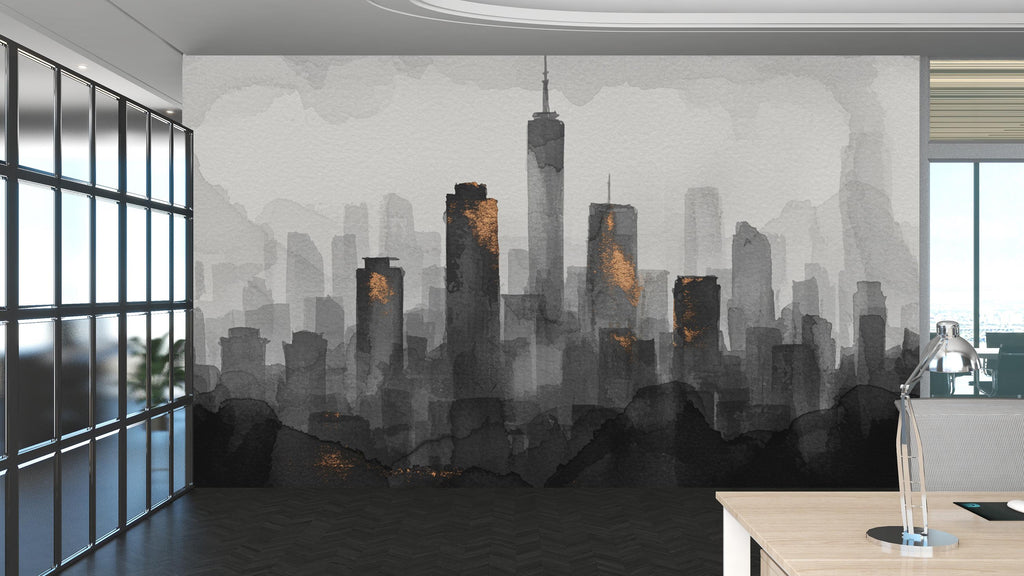City Skyline Minimalist Wallpaper – Modern Watercolor Mural for Office or Loft Decor, Neutral Urban Landscape Print 827RS