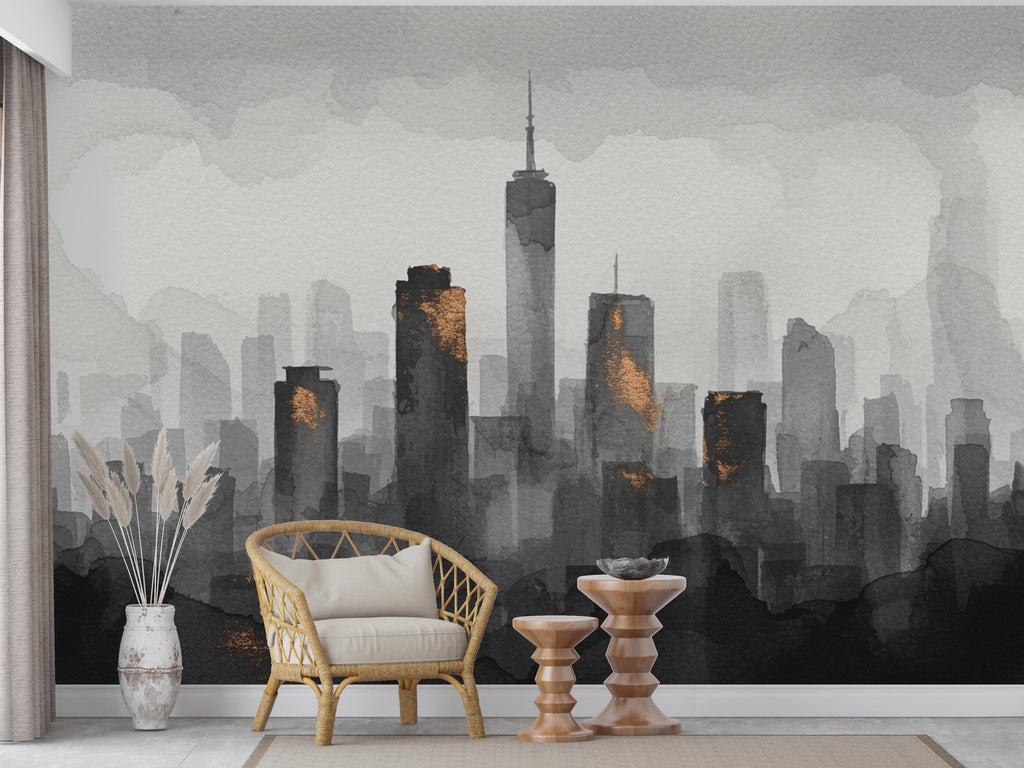 City Skyline Minimalist Wallpaper – Modern Watercolor Mural for Office or Loft Decor, Neutral Urban Landscape Print 827RS