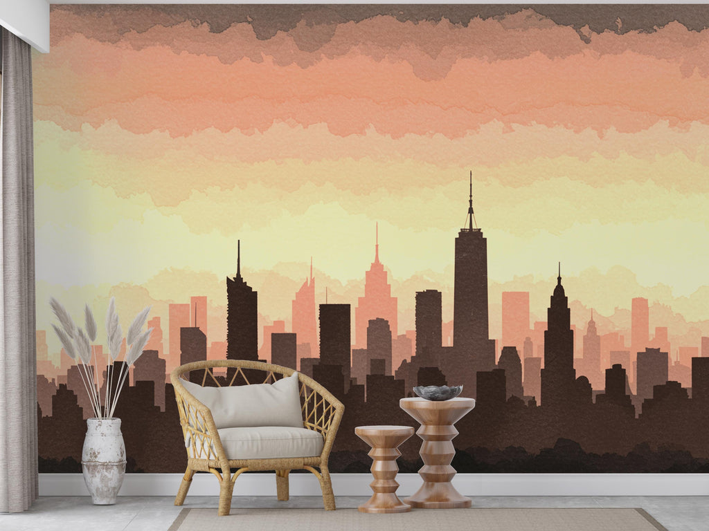 City Skyline Minimalist Wallpaper – Modern Watercolor Mural for Office or Loft Decor, Neutral Urban Landscape wall art 828RS