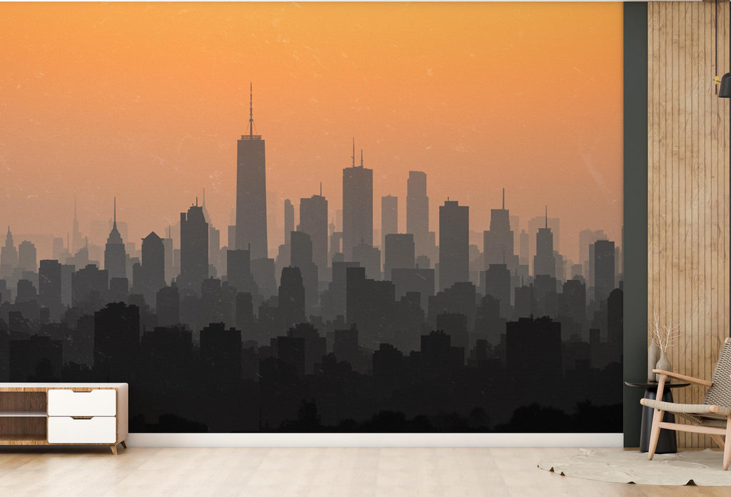 City Skyline Minimalist Wallpaper – Modern Watercolor Mural for Office or Loft Decor, Neutral Urban Landscape wall art 829RS