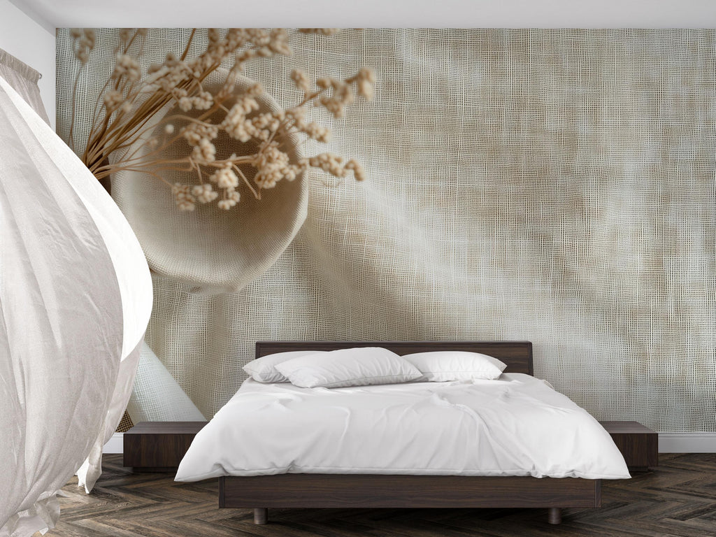 Neutral Textured Wallpaper | Minimalist Linen Look Wall Mural | 3D Fabric Weave Wallpaper For Modern, Japandi, Coastal Or Boho Decor