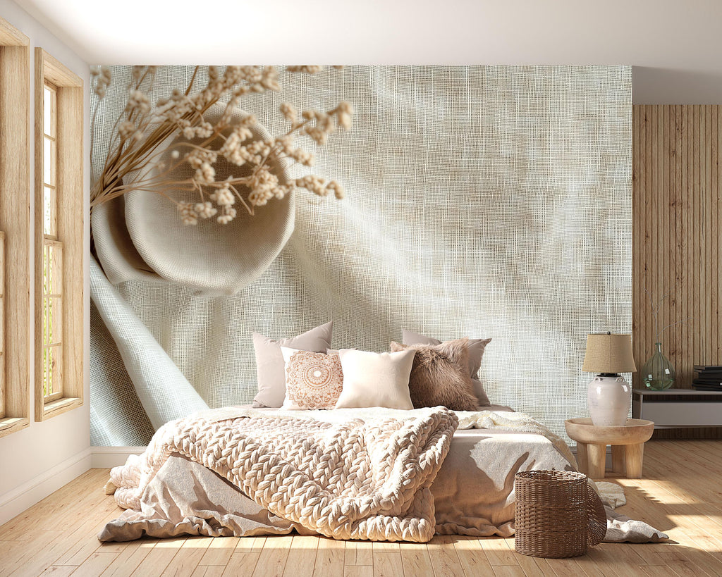 Neutral Textured Wallpaper | Minimalist Linen Look Wall Mural | 3D Fabric Weave Wallpaper For Modern, Japandi, Coastal Or Boho Decor