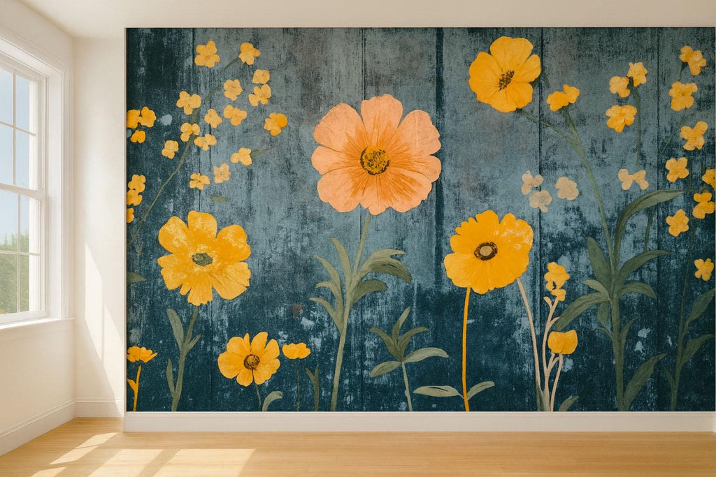 Bold Yellow Floral Wallpaper | 3D Wildflower Botanical Mural | Cottagecore Wall Art For Beach House, Rustic Room Or Gift | Modern Vintage