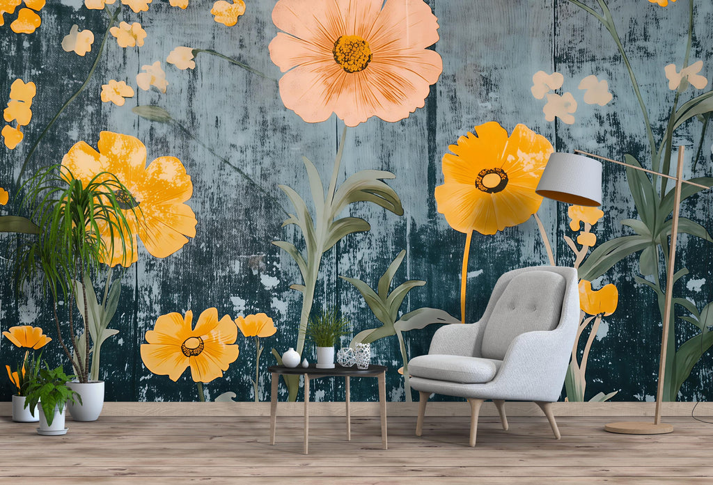 Bold Yellow Floral Wallpaper | 3D Wildflower Botanical Mural | Cottagecore Wall Art For Beach House, Rustic Room Or Gift | Modern Vintage