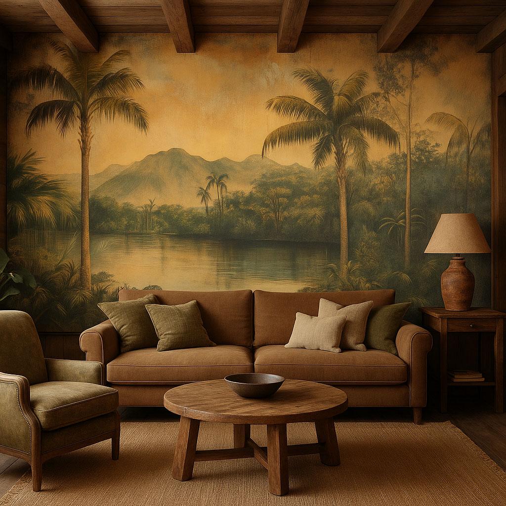 Vintage Tropical Landscape Wallpaper | 3D Palm Tree Mural Wall Art | Warm Jungle River Scene For Rustic Or Beach House | Island Style Nature