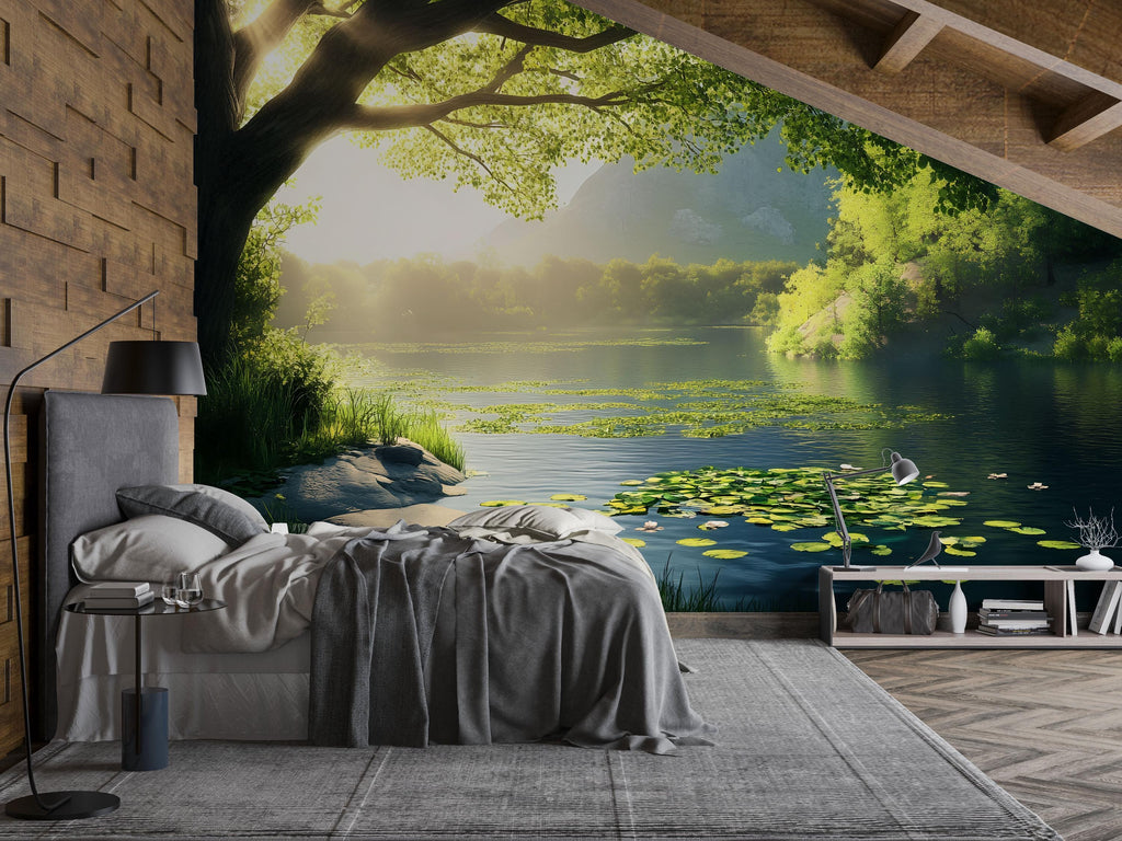 Lily Pond Wallpaper Mural | 3D Nature Lake Wall Art With Water Lilies | Serene Forest Bedroom Decor | Peaceful Green Landscape Wallpaper