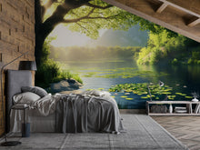 Load image into Gallery viewer, Lily Pond Wallpaper Mural | 3D Nature Lake Wall Art With Water Lilies | Serene Forest Bedroom Decor | Peaceful Green Landscape Wallpaper