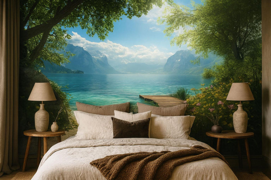 Lake Dock Wallpaper Mural | 3D Scenic Beach View Wall Art | Blue Water Mountain Landscape Wallpaper | Coastal Home Wall Decor