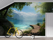 Load image into Gallery viewer, Lake Dock Wallpaper Mural | 3D Scenic Beach View Wall Art | Blue Water Mountain Landscape Wallpaper | Coastal Home Wall Decor