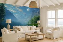 Load image into Gallery viewer, Moonlit Lake Wallpaper Mural | 3D Blue Mountain Landscape Wall Decor | Nature Scenic Wallpaper For Kids Room Or Beach House