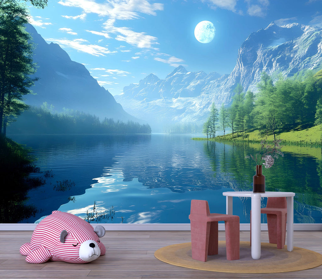 Moonlit Lake Wallpaper Mural | 3D Blue Mountain Landscape Wall Decor | Nature Scenic Wallpaper For Kids Room Or Beach House