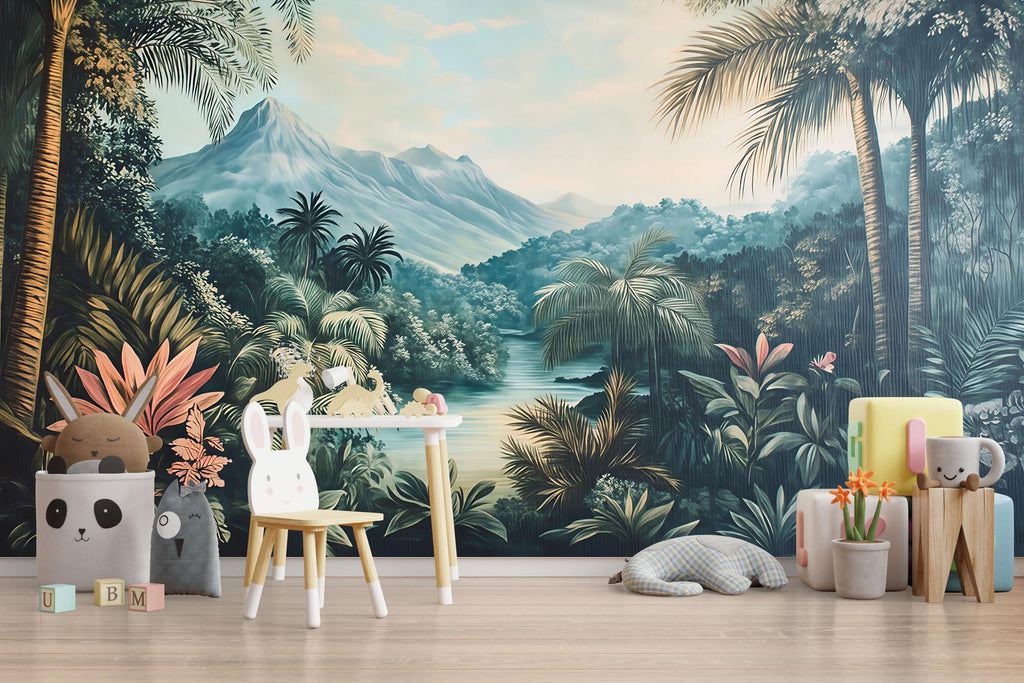 Tropical Jungle Wallpaper Mural For Kids Room | 3D Exotic Forest Wall Decor | Palm Leaf Beach House Wallpaper | Stylish Nature Mural Gift