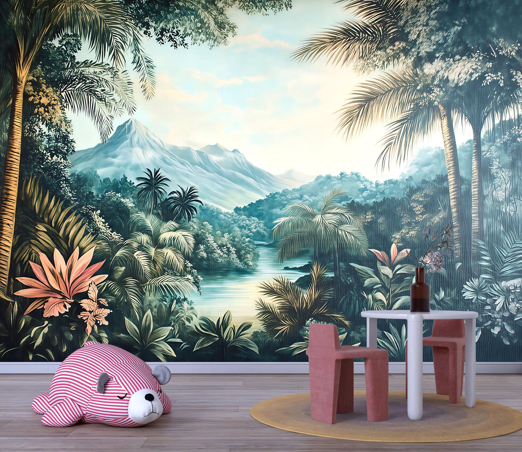 Tropical Jungle Wallpaper Mural For Kids Room | 3D Exotic Forest Wall Decor | Palm Leaf Beach House Wallpaper | Stylish Nature Mural Gift