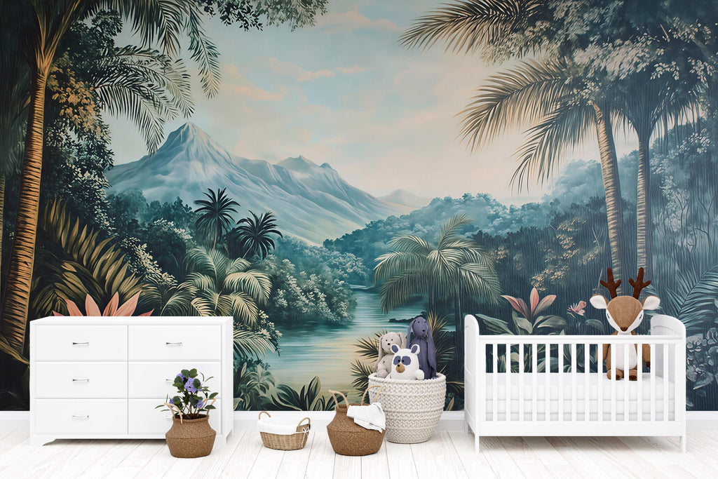 Tropical Jungle Wallpaper Mural For Kids Room | 3D Exotic Forest Wall Decor | Palm Leaf Beach House Wallpaper | Stylish Nature Mural Gift