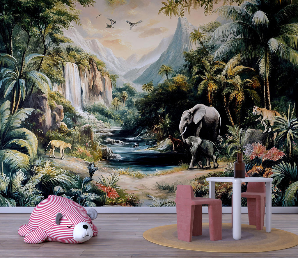Jungle Safari Wallpaper Mural With Waterfall & Animals | Elephant and Wildlife Wall Art For Kids Room | Tropical 3D Forest Wallpaper