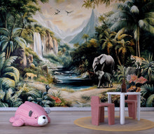Load image into Gallery viewer, Jungle Safari Wallpaper Mural With Waterfall &amp; Animals | Elephant and Wildlife Wall Art For Kids Room | Tropical 3D Forest Wallpaper