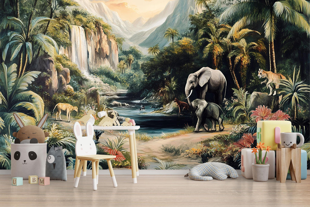 Jungle Safari Wallpaper Mural With Waterfall & Animals | Elephant and Wildlife Wall Art For Kids Room | Tropical 3D Forest Wallpaper